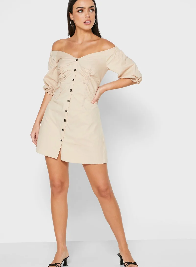 LOST INK Ruched Detail Puff Sleeve Button Down Dress