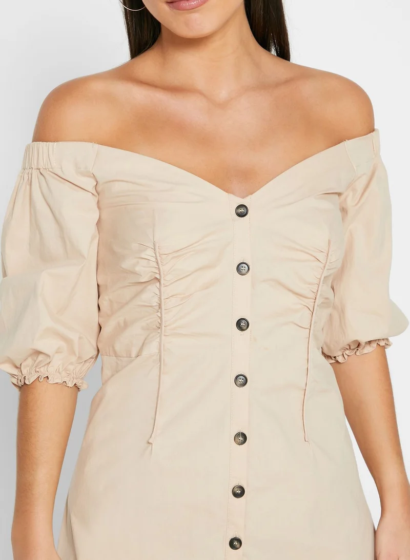 LOST INK Ruched Detail Puff Sleeve Button Down Dress
