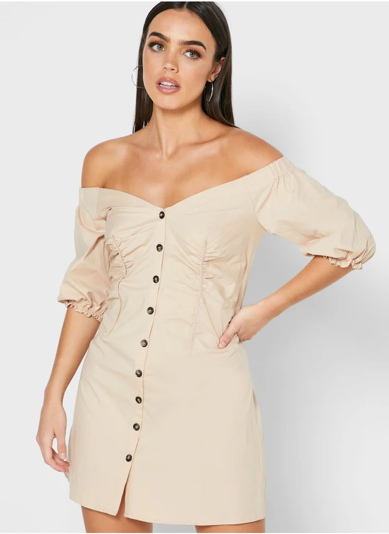 LOST INK Ruched Detail Puff Sleeve Button Down Dress