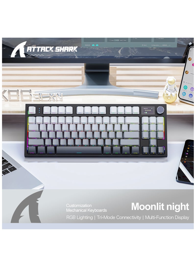 هجوم القرش لوحة مفاتيح الألعاب الميكانيكية اللاسلكية K86 RGB – تصميم Gasket Mount – اتصال ثلاثي (بلوتوث 5.0، لاسلكي 2.4G، سلكي USB-C) – 87 مفتاح قابل للتبديل السريع – شاشة TFT ذكية – مقبض معدني للتحكم في الصوت – بطارية 4000mAh – أغطية مفاتيح PBT – متوافقة مع الكمبيوتر، اللابتوب، ماك (ليلة مقمرة سوداء) - Image 1