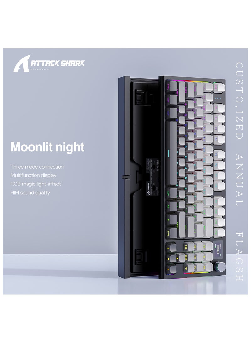 هجوم القرش لوحة مفاتيح الألعاب الميكانيكية اللاسلكية K86 RGB – تصميم Gasket Mount – اتصال ثلاثي (بلوتوث 5.0، لاسلكي 2.4G، سلكي USB-C) – 87 مفتاح قابل للتبديل السريع – شاشة TFT ذكية – مقبض معدني للتحكم في الصوت – بطارية 4000mAh – أغطية مفاتيح PBT – متوافقة مع الكمبيوتر، اللابتوب، ماك (ليلة مقمرة سوداء) - Image 2