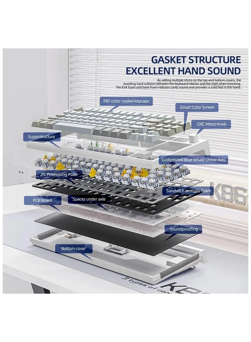هجوم القرش لوحة مفاتيح الألعاب الميكانيكية اللاسلكية K86 RGB – تصميم Gasket Mount – اتصال ثلاثي (بلوتوث 5.0، لاسلكي 2.4G، سلكي USB-C) – 87 مفتاح قابل للتبديل السريع – شاشة TFT ذكية – مقبض معدني للتحكم في الصوت – بطارية 4000mAh – أغطية مفاتيح PBT – متوافقة مع الكمبيوتر، اللابتوب، ماك (ليلة مقمرة سوداء) - Image 5