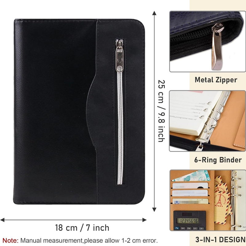 SAYEEC A5 Multifunctional Zippered Notebook Travel Notebook Business 6Ring Binder Meeting Folder Loose leaf Notepad with Calculator Pen Holder for Men Women - Image 2