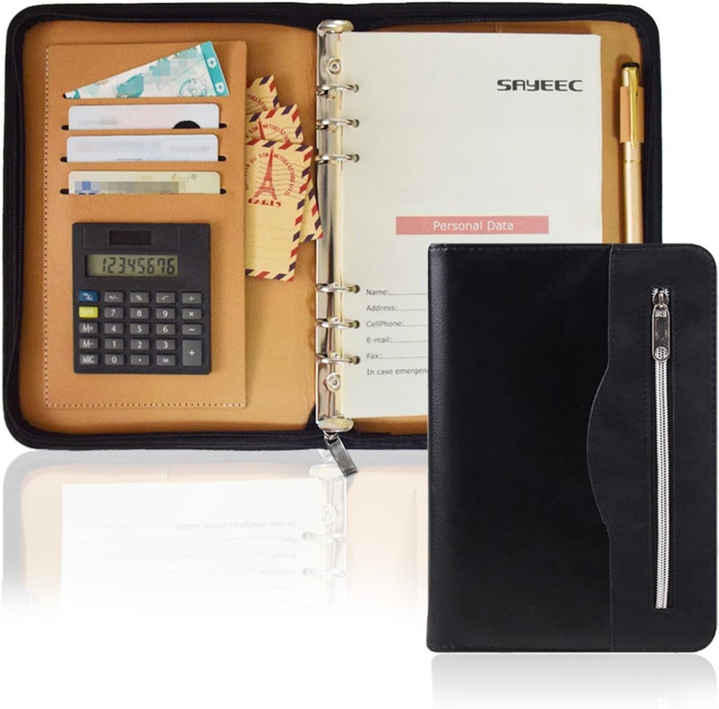 SAYEEC A5 Multifunctional Zippered Notebook Travel Notebook Business 6Ring Binder Meeting Folder Loose leaf Notepad with Calculator Pen Holder for Men Women - Image 1