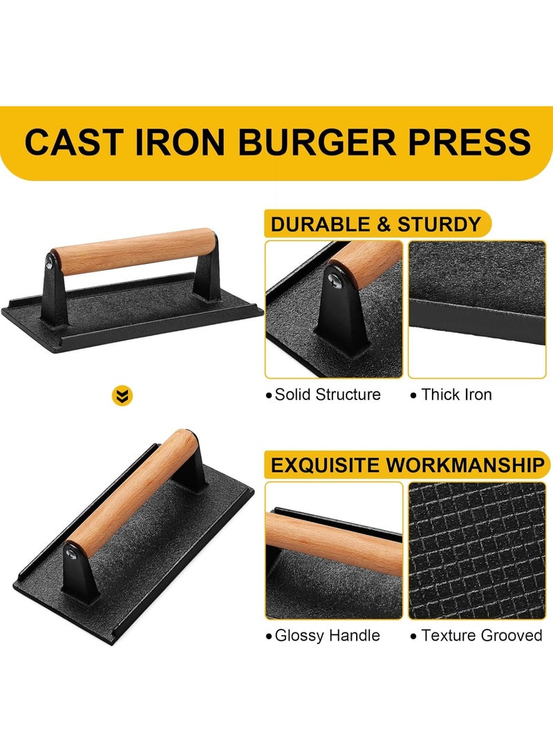 Cast Iron Burger Press, Smash Burger Press for Blackstone Weber, Heavy Duty Round 6.9In & Rectangular 8.2x4.2In Grill Press With Wood Handle, Perfect for Teppanyaki Flat Top Griddle Grill Cooking - Image 5