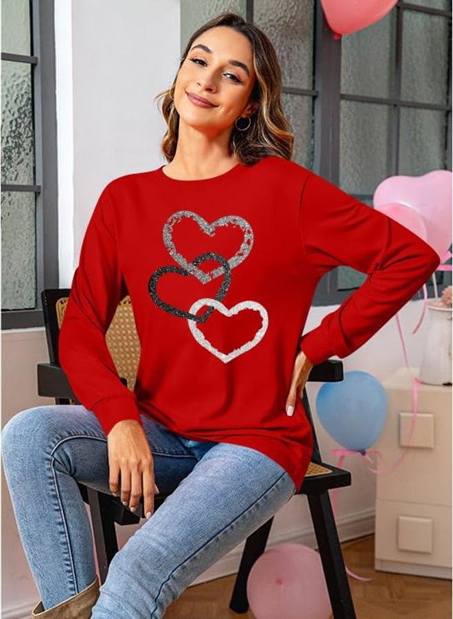 CAZYCHILD Valentines Day Women Shirt : Love Heart Graphic Long Sleeve Valentine Pullover Tops Casual Valentines Gifts, Three-red, XL - Image 3
