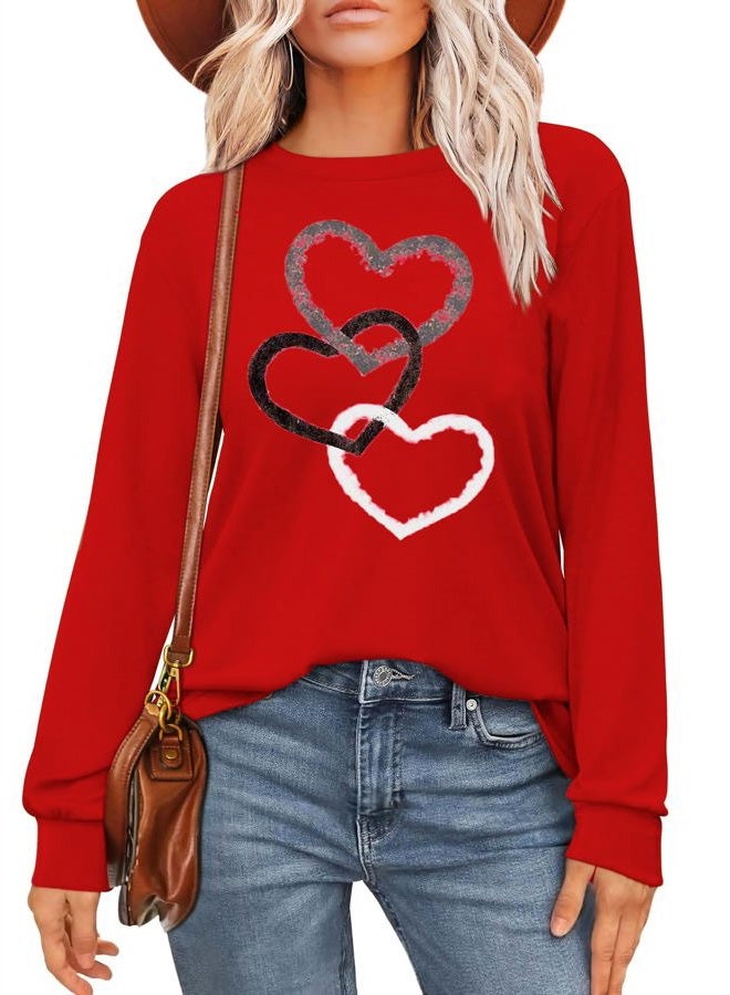 CAZYCHILD Valentines Day Women Shirt : Love Heart Graphic Long Sleeve Valentine Pullover Tops Casual Valentines Gifts, Three-red, XL - Image 1