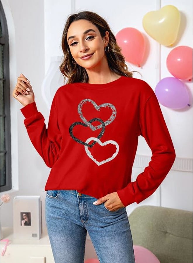 CAZYCHILD Valentines Day Women Shirt : Love Heart Graphic Long Sleeve Valentine Pullover Tops Casual Valentines Gifts, Three-red, XL - Image 2