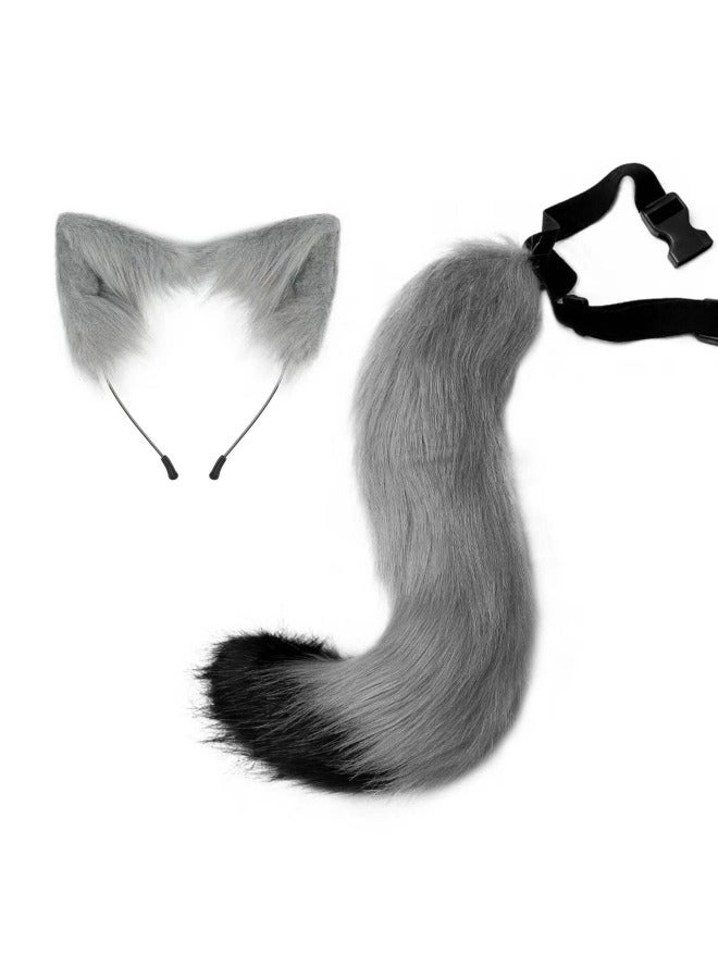 CCOVERY Faux Fur Fox Wolf Costume Cat Tail Ears Children Adults Cosplay Festival Party, Grey - Image 1