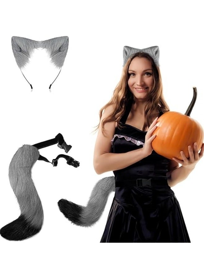 CCOVERY Faux Fur Fox Wolf Costume Cat Tail Ears Children Adults Cosplay Festival Party, Grey - Image 2