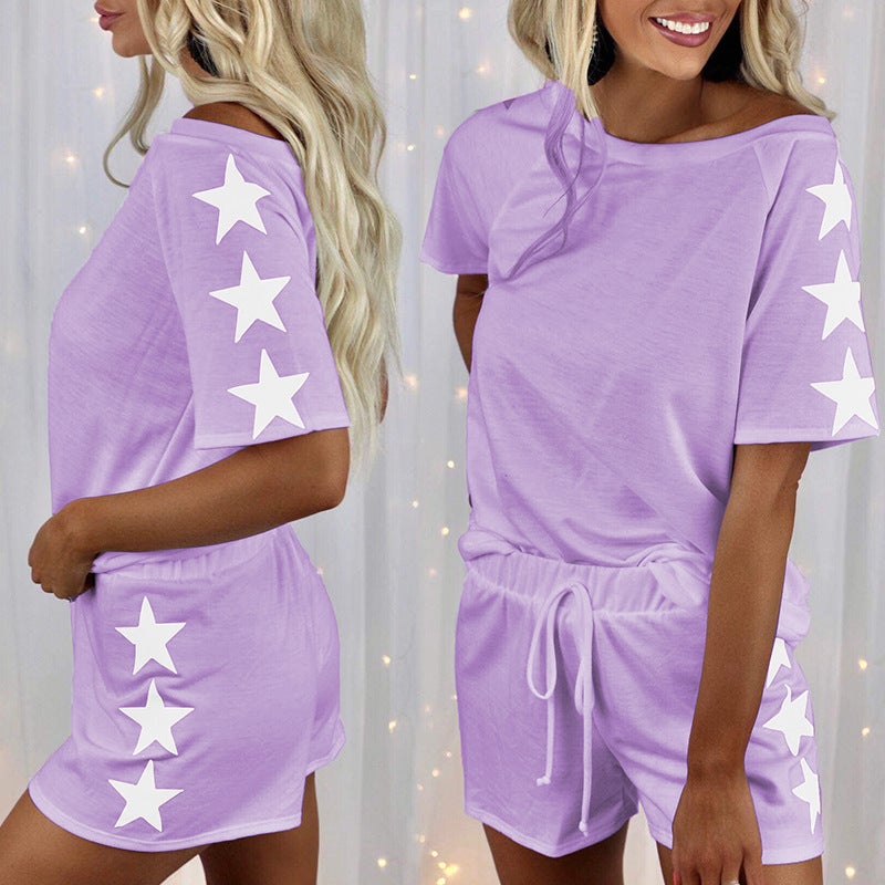 21 summer New Amazon European and American five-star printed short sleeve round neck fashion casual suit homewear pajamas for women Black  - Image 3