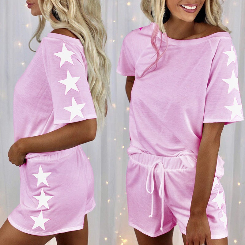 21 summer New Amazon European and American five-star printed short sleeve round neck fashion casual suit homewear pajamas for women Black  - Image 4
