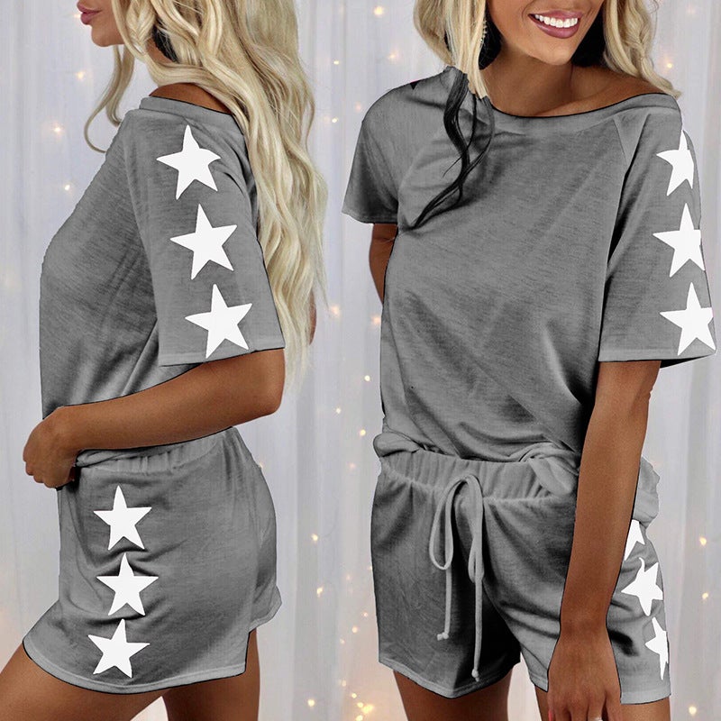 21 summer New Amazon European and American five-star printed short sleeve round neck fashion casual suit homewear pajamas for women Black  - Image 2