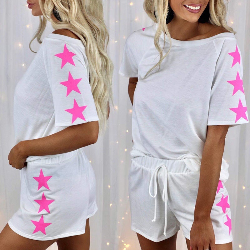 21 summer New Amazon European and American five-star printed short sleeve round neck fashion casual suit homewear pajamas for women Black  - Image 5