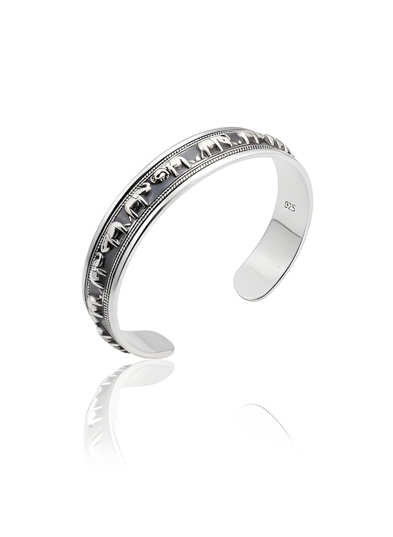 FINE SILVER 925 Sterling Silver Men's Elephant Motif Cuff Bracelet with Oxidized Finish - Image 1
