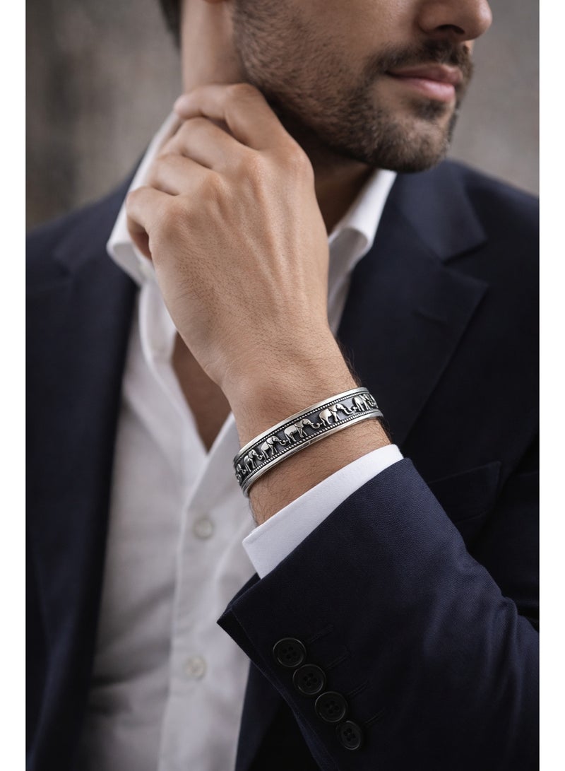 FINE SILVER 925 Sterling Silver Men's Elephant Motif Cuff Bracelet with Oxidized Finish - Image 4