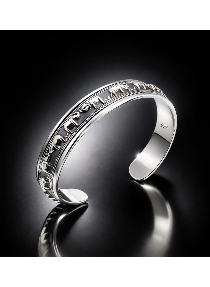FINE SILVER 925 Sterling Silver Men's Elephant Motif Cuff Bracelet with Oxidized Finish - Image 2