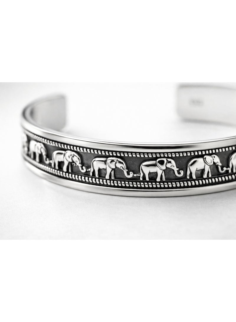 FINE SILVER 925 Sterling Silver Men's Elephant Motif Cuff Bracelet with Oxidized Finish - Image 3