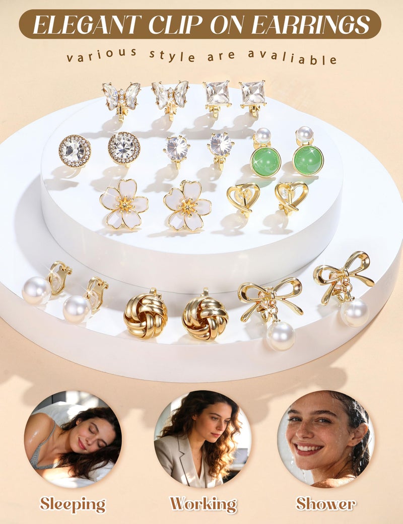 Thunaraz Valentines Earrings for Women Gold Clip On Earrings for Women Comfortable Non Pierced Pearl CZ Twist Heart Flower Butterfly Clip Earrings Set Hypoallergenic Fake Clip on Stud Earrings Jewelry W - Image 4