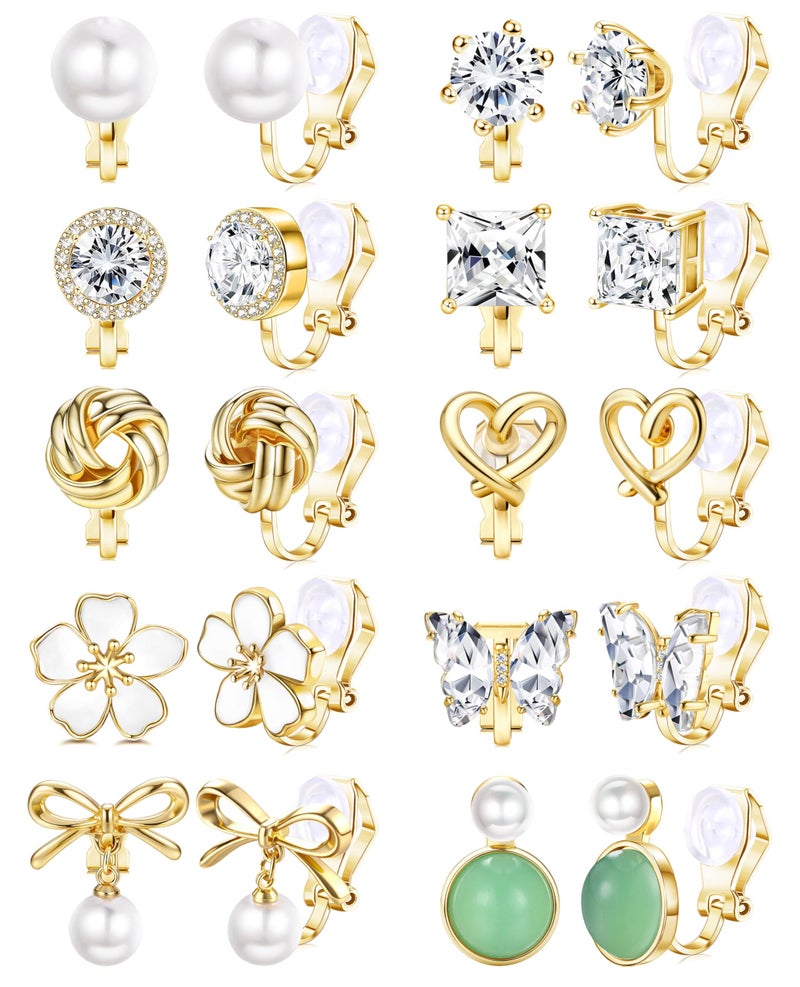 Thunaraz Valentines Earrings for Women Gold Clip On Earrings for Women Comfortable Non Pierced Pearl CZ Twist Heart Flower Butterfly Clip Earrings Set Hypoallergenic Fake Clip on Stud Earrings Jewelry W - Image 1