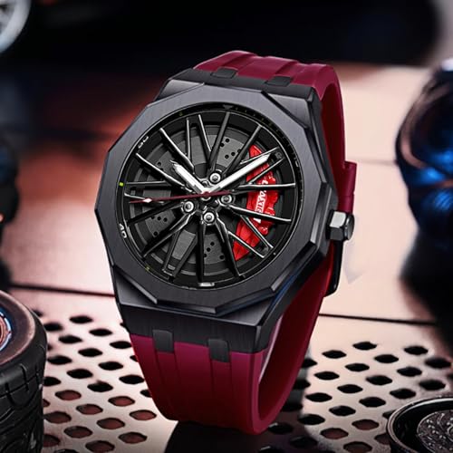 Gosasa Men’s Fashion Racing Wheel Design Watch Creative 3D Spinning Car Wheel Rotating Luminous Quartz Watches 30M Waterproof Sports Wristwatch with Rubber Strap (Red) - Image 3