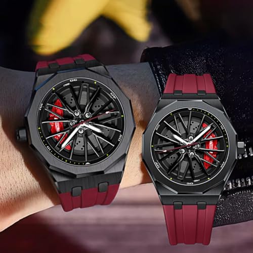 Gosasa Men’s Fashion Racing Wheel Design Watch Creative 3D Spinning Car Wheel Rotating Luminous Quartz Watches 30M Waterproof Sports Wristwatch with Rubber Strap (Red) - Image 2
