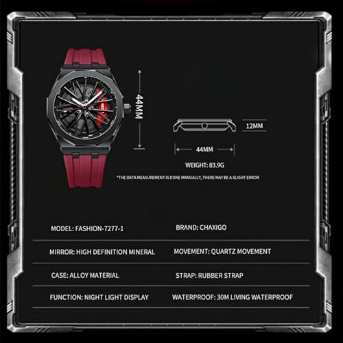 Gosasa Men’s Fashion Racing Wheel Design Watch Creative 3D Spinning Car Wheel Rotating Luminous Quartz Watches 30M Waterproof Sports Wristwatch with Rubber Strap (Red) - Image 4