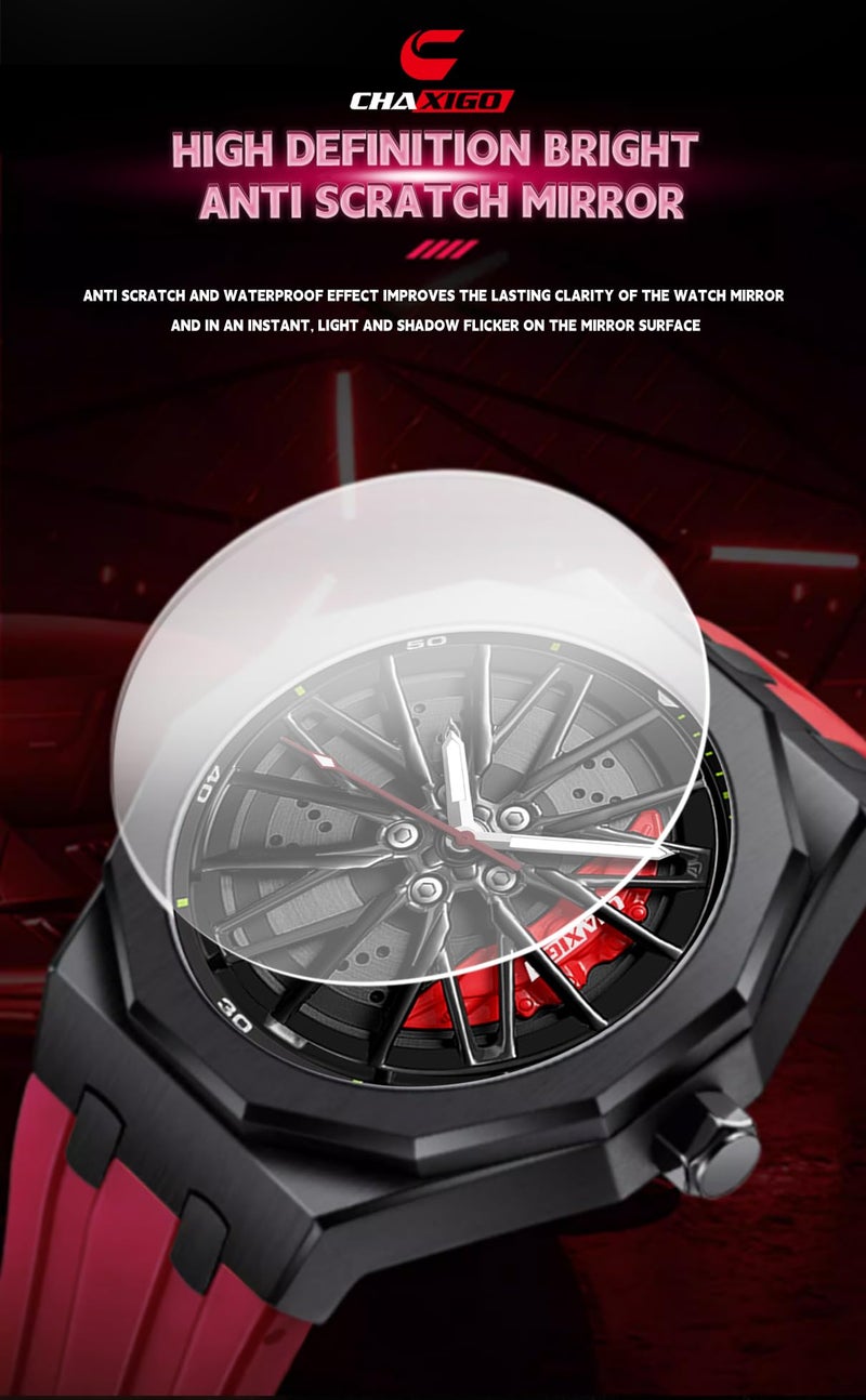 Gosasa Men’s Fashion Racing Wheel Design Watch Creative 3D Spinning Car Wheel Rotating Luminous Quartz Watches 30M Waterproof Sports Wristwatch with Rubber Strap (Red) - Image 5