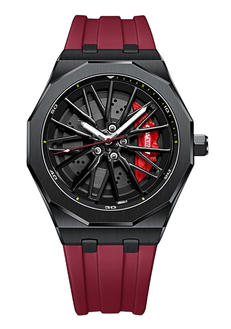 Gosasa Men’s Fashion Racing Wheel Design Watch Creative 3D Spinning Car Wheel Rotating Luminous Quartz Watches 30M Waterproof Sports Wristwatch with Rubber Strap (Red) - Image 1