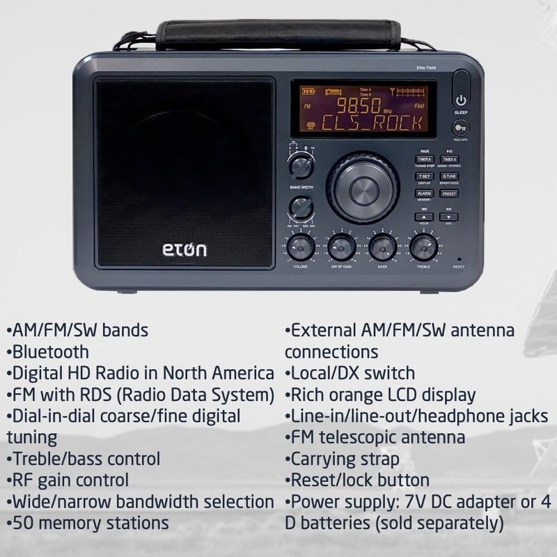 Eton Elite Field Radio with AM/FM, Shortwave, RDS, Bluetooth, Digital Tuning, Treble/Bass Control, 50 Memory Stations, External Antenna, Rich LCD Display, Retro Tabletop Design - Image 5