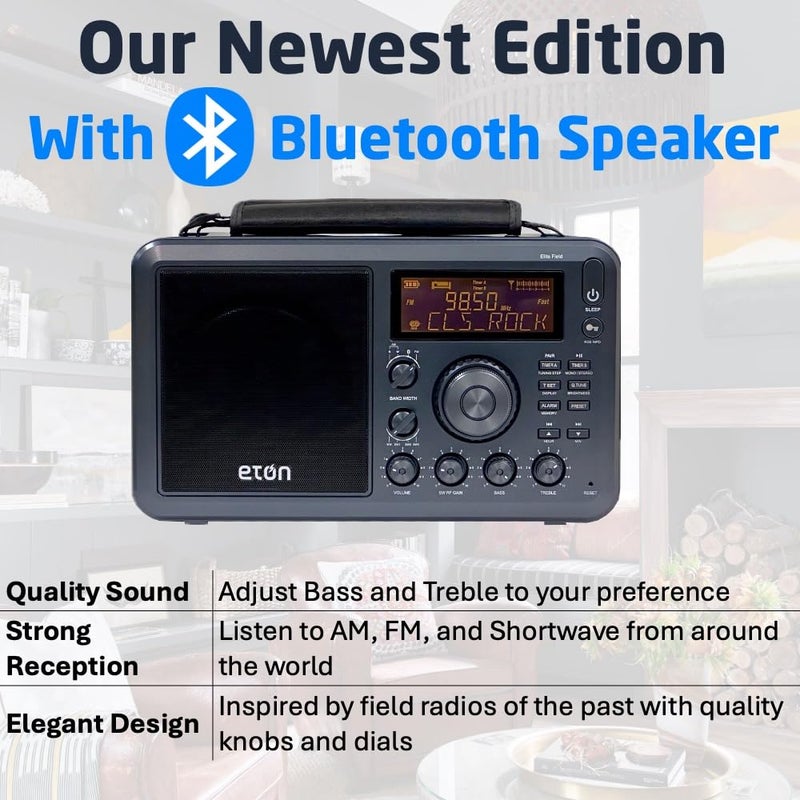 Eton Elite Field Radio with AM/FM, Shortwave, RDS, Bluetooth, Digital Tuning, Treble/Bass Control, 50 Memory Stations, External Antenna, Rich LCD Display, Retro Tabletop Design - Image 2