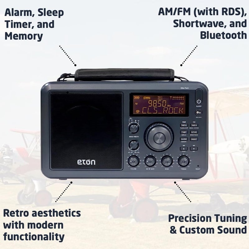 Eton Elite Field Radio with AM/FM, Shortwave, RDS, Bluetooth, Digital Tuning, Treble/Bass Control, 50 Memory Stations, External Antenna, Rich LCD Display, Retro Tabletop Design - Image 4