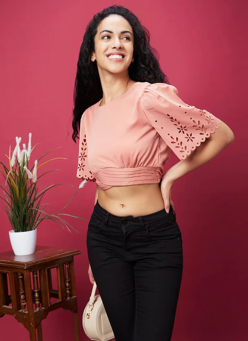 globus Globus Women Peach-Coloured Flared Sleeves Crop Top