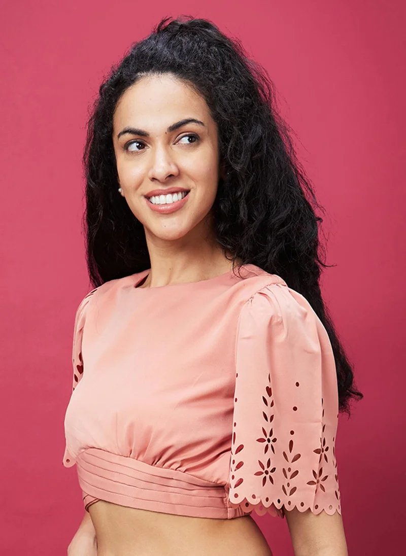 globus Globus Women Peach-Coloured Flared Sleeves Crop Top