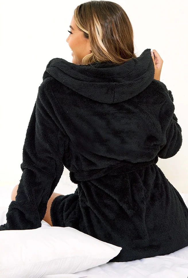 كاكا Super Soft Black Hooded Welsoft Dressing Gown