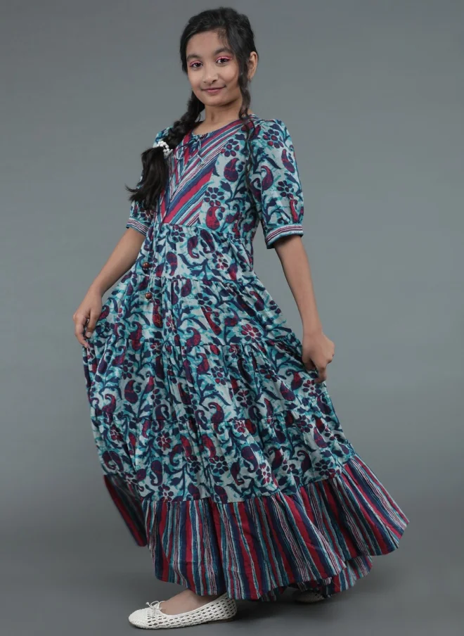 AKS Navy Blue Floral Printed Maxi Dress for Girls