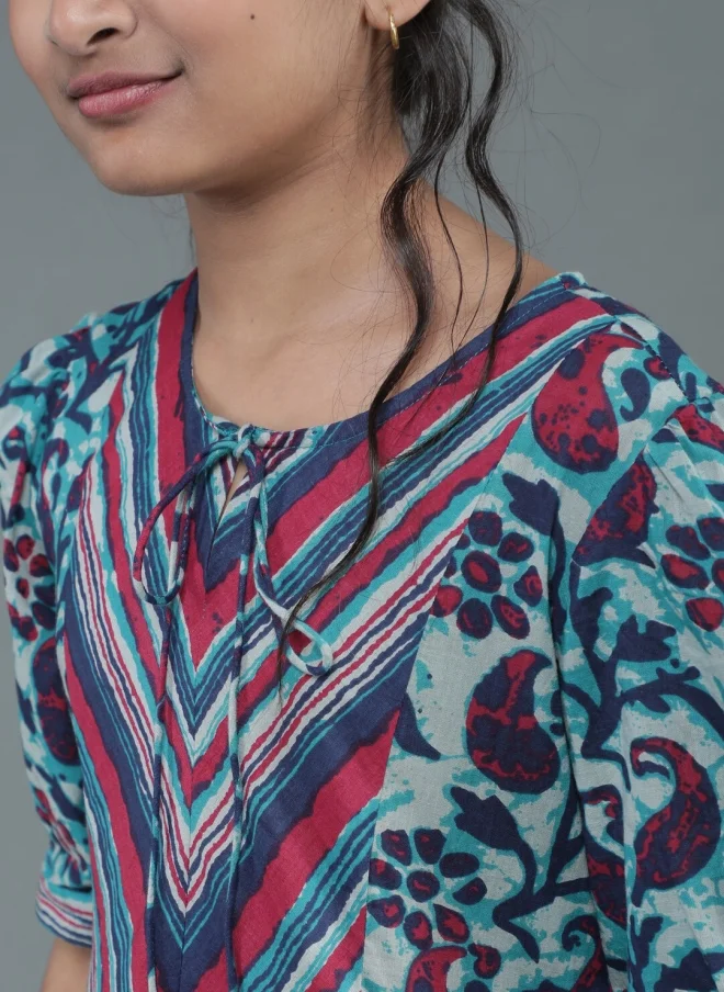 AKS Navy Blue Floral Printed Maxi Dress for Girls