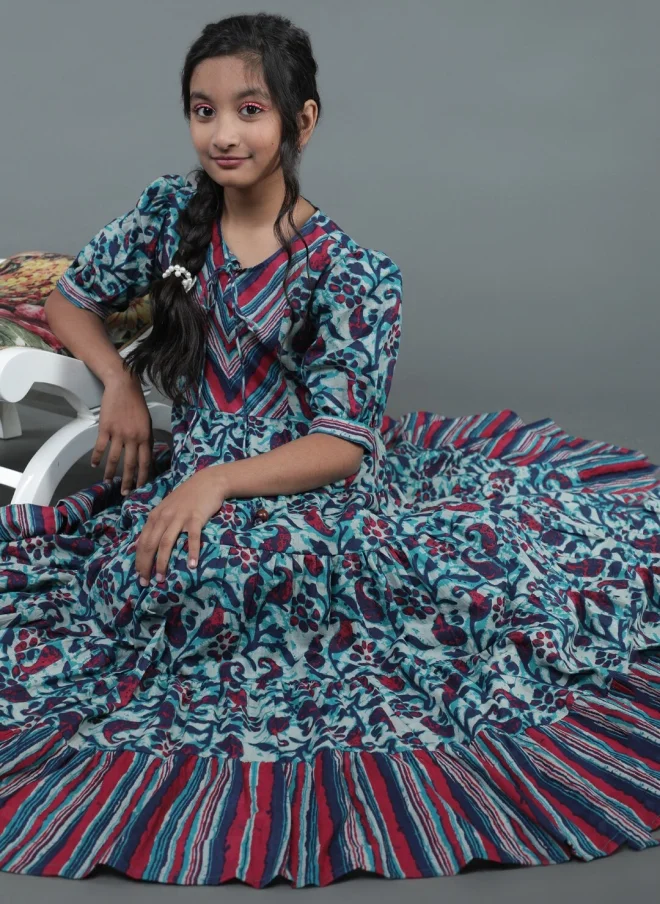 AKS Navy Blue Floral Printed Maxi Dress for Girls