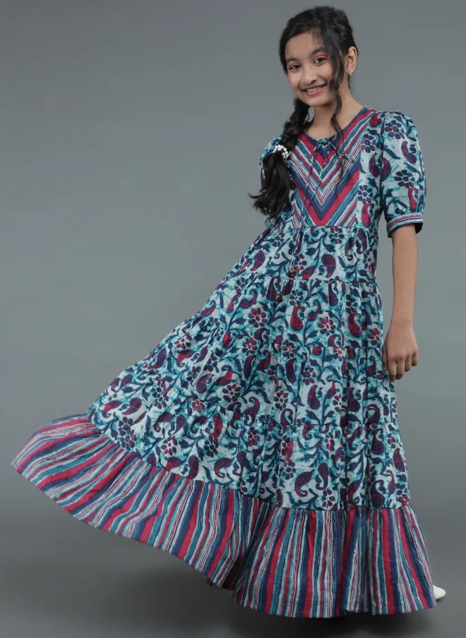 AKS Navy Blue Floral Printed Maxi Dress for Girls
