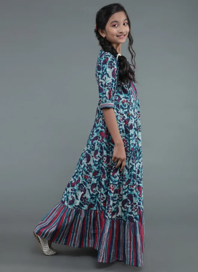 AKS Navy Blue Floral Printed Maxi Dress for Girls