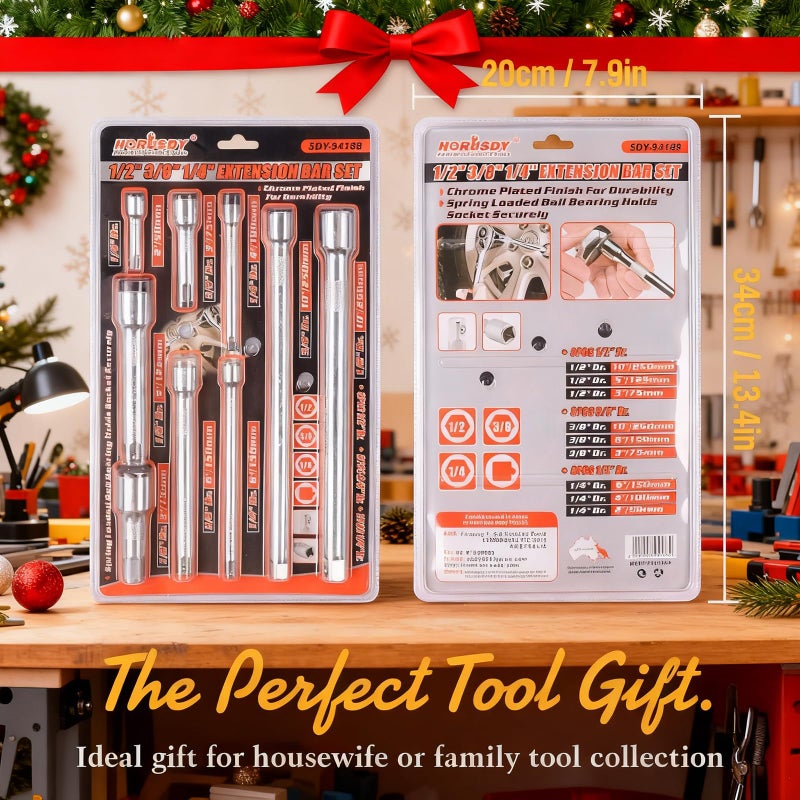 HORUSDY 9-Piece Socket Extension Bar Set, Ratchet Extension Bar Set,1/4", 3/8", and 1/2" Impact Drive Socket, Drive Tool Accessory, CR-V Steel Storage Tray - Image 2