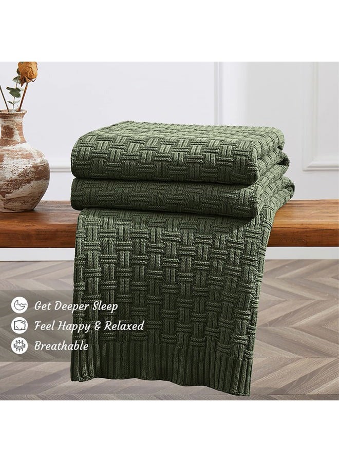 TREELY 100% Cotton Knitted Throw Blanket Couch Cover Blanket(60 x 80 Inches, Green Forest) - Image 3