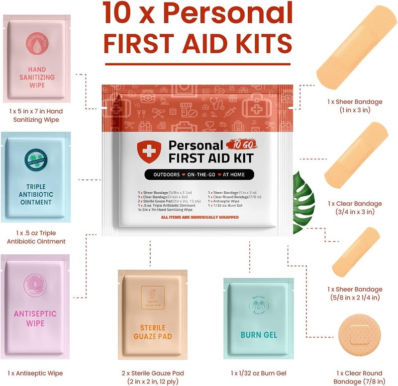 pH Advantage Personal First Aid Kit 10 Pack  Clean Treat Protect Minor Cuts Scrapes and Burns  Perfect for Home Office Car School Business Camping  Individually Wrapped First Aid Products Orange - Image 2