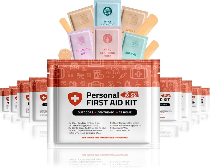 pH Advantage Personal First Aid Kit 10 Pack  Clean Treat Protect Minor Cuts Scrapes and Burns  Perfect for Home Office Car School Business Camping  Individually Wrapped First Aid Products Orange - Image 1