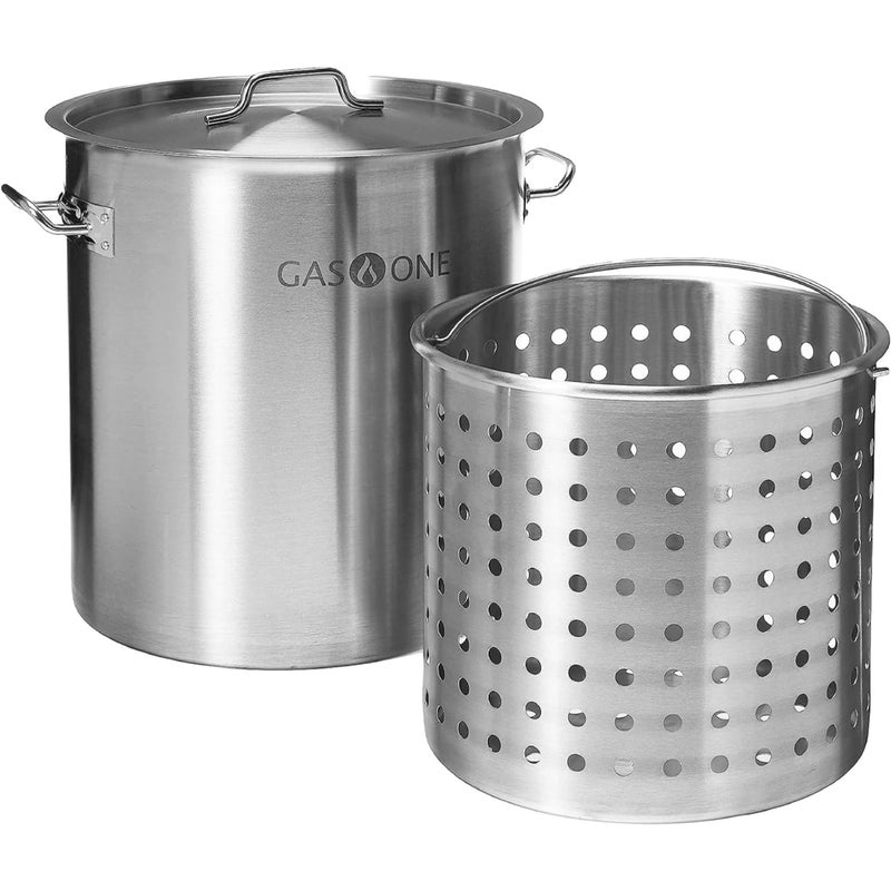 GasOne Stainless Steel Stockpot with Basket â€“ 36qt Stock Pot with Lid and Reinforced Bottom â€“ Heavy-Duty Cooking Pot for Deep Frying, Turkey Frying, Beer Brewing, Soup, Seafood Boil â€“ Satin Finish - Image 1