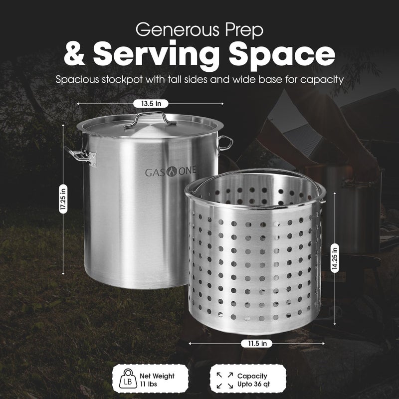 GasOne Stainless Steel Stockpot with Basket â€“ 36qt Stock Pot with Lid and Reinforced Bottom â€“ Heavy-Duty Cooking Pot for Deep Frying, Turkey Frying, Beer Brewing, Soup, Seafood Boil â€“ Satin Finish - Image 4