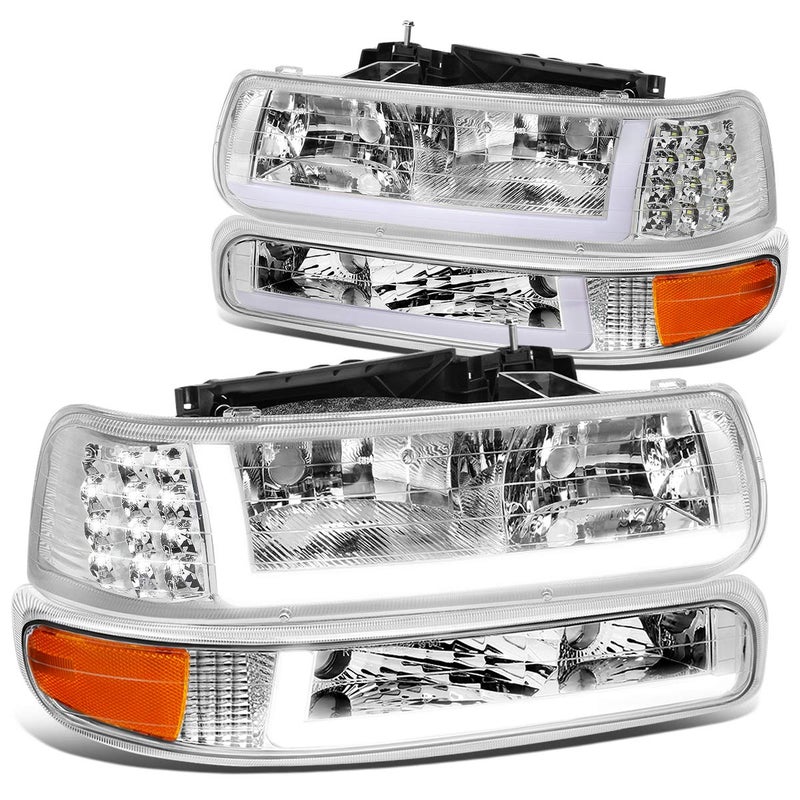 DNA MOTORING Pair Headlight Assembly Compatible with 9902 Silverado 1500 25000102 Silverado 1500 2500 HD wLED Daytime Running Light Bar ChromeAmber HLLBCSIL99CHAM - Image 3