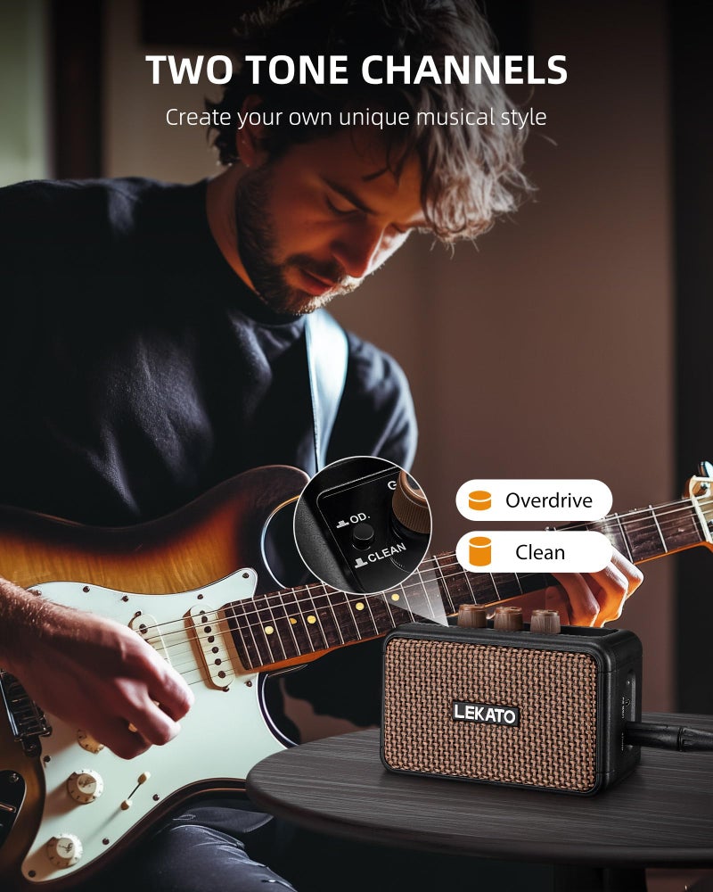 LEKATO Mini Guitar Amplifier, Dual Speakers 5W, Rechargeable Electric Guitar Amp Bluetooth with Clean Overdrive, 6H Working, Headphone Jack, Portable Small Amp for Practice AG-04 (Brown) - Image 2