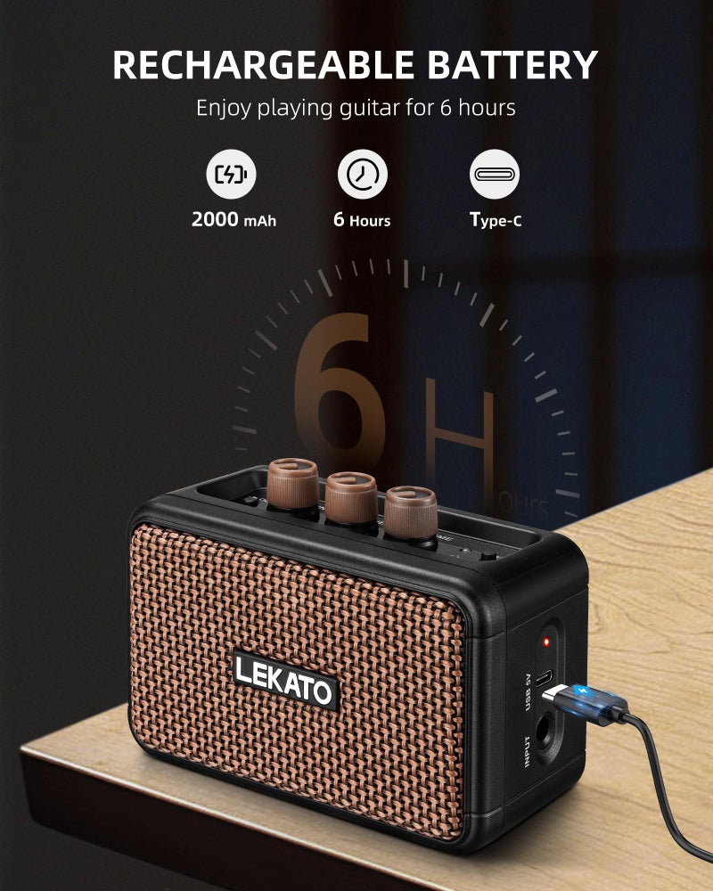 LEKATO Mini Guitar Amplifier, Dual Speakers 5W, Rechargeable Electric Guitar Amp Bluetooth with Clean Overdrive, 6H Working, Headphone Jack, Portable Small Amp for Practice AG-04 (Brown) - Image 3