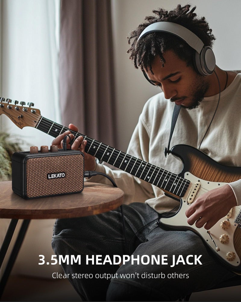 LEKATO Mini Guitar Amplifier, Dual Speakers 5W, Rechargeable Electric Guitar Amp Bluetooth with Clean Overdrive, 6H Working, Headphone Jack, Portable Small Amp for Practice AG-04 (Brown) - Image 4